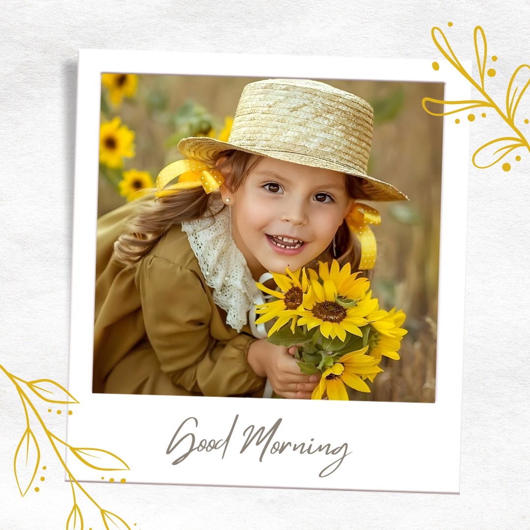 Young girl in a straw hat holding a bouquet of bright sunflowers, her smile as warm as a sunny day, ideal for a cheerful good morning baby greeting.