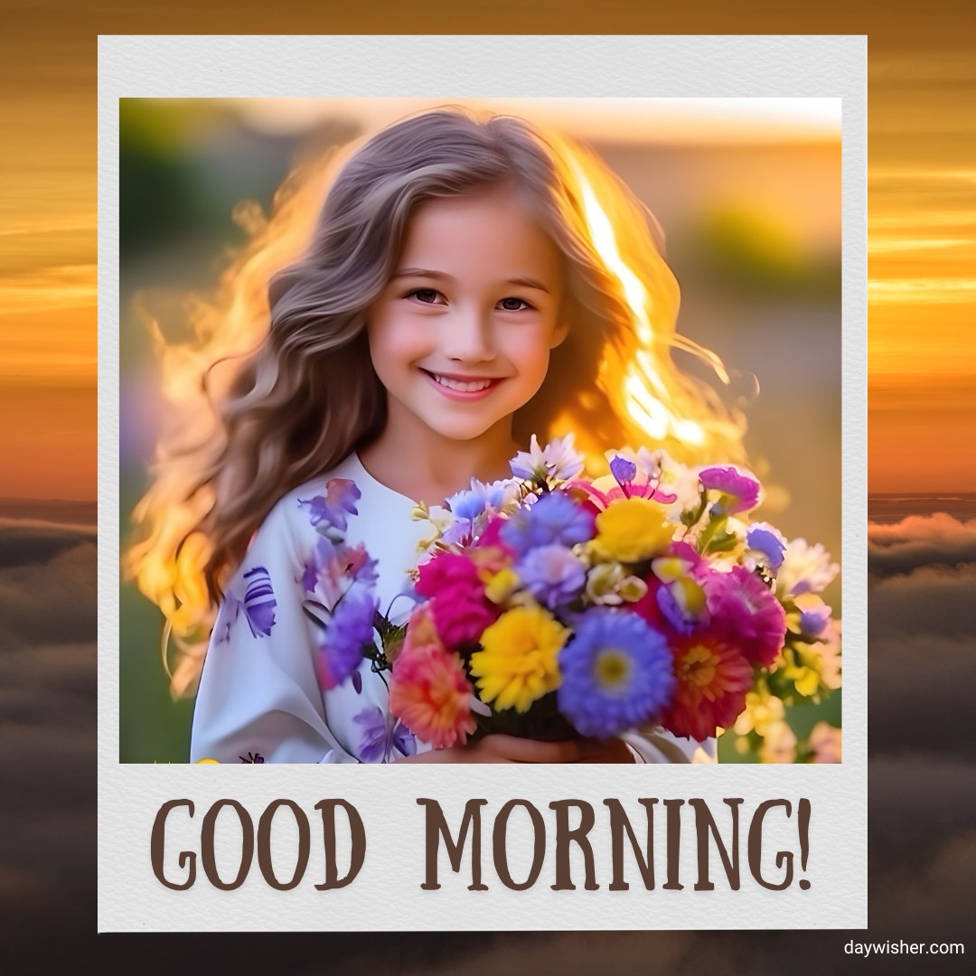 Young girl with flowing hair and a radiant smile, holding a colorful bouquet of wildflowers against a breathtaking sunrise backdrop, embodying a joyful good morning greeting.