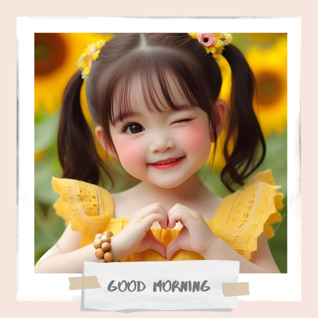 Young girl with a joyful smile, dressed in a bright yellow dress, forming a heart shape with her hands, surrounded by sunflowers, embodying the warmth and happiness of a good morning baby greeting.