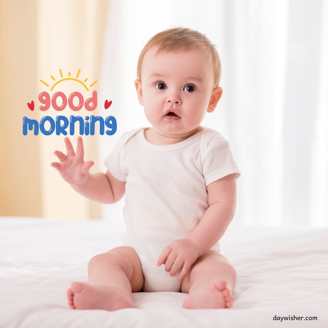 Baby sitting on a bed waving with a cheerful 'Good Morning' message and a sun graphic, perfect for a good morning baby image.