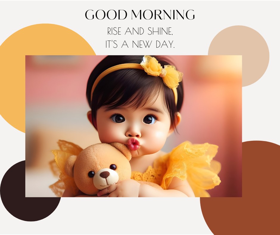 Adorable baby girl in a yellow dress making a cute kissing face, holding a teddy bear, with a matching yellow headband, ideal for a sweet and playful good morning baby greeting.