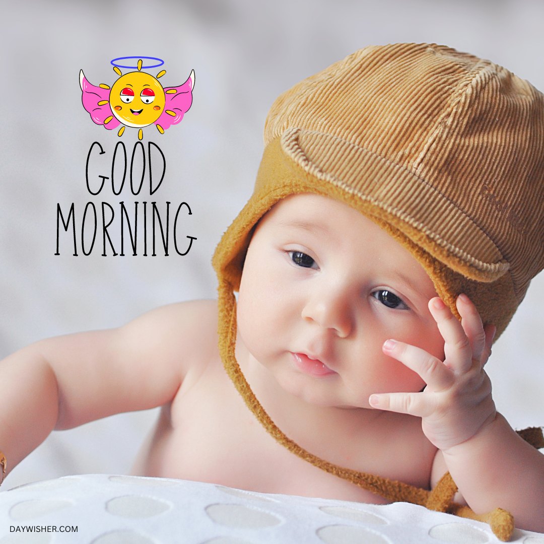 Cute baby in a soft brown hat resting its head on one hand, with a thoughtful expression and soulful eyes, perfect for a heartwarming good morning baby greeting.