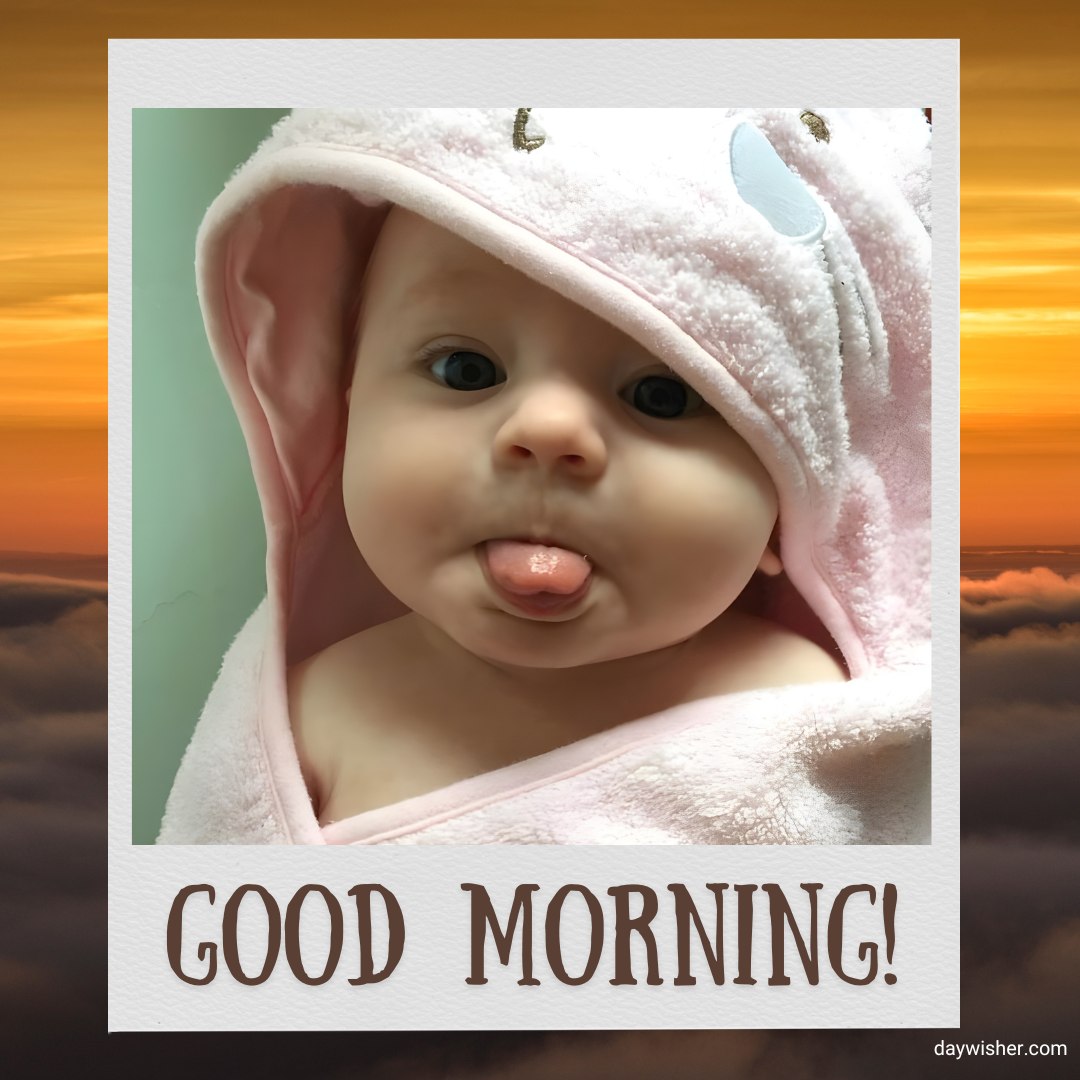 A playful baby poking out its tongue, wrapped in a pink hooded towel, set against a vibrant sunrise background, with a prominent "Good Morning!" greeting, ideal for sharing as good morning baby images to brighten someone's day.