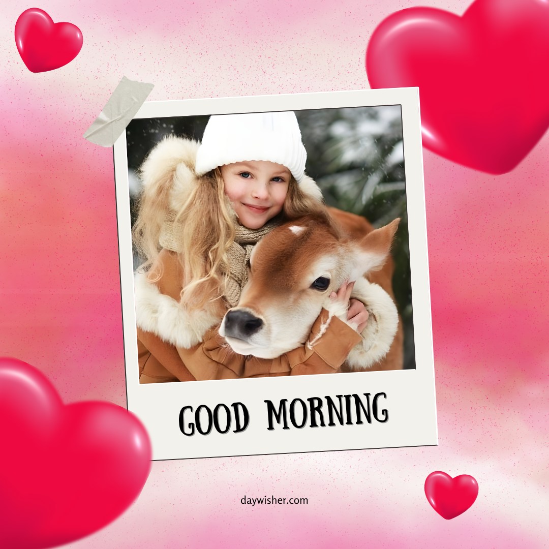 Cheerful girl in a winter outfit, cuddling a young calf, surrounded by a snowy backdrop and floating hearts, capturing a heartwarming and affectionate good morning baby greeting.