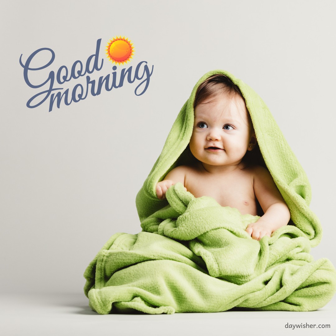 A cheerful baby wrapped in a green towel sits against a plain background with the text "Good Morning Baby" and a small sun graphic above.