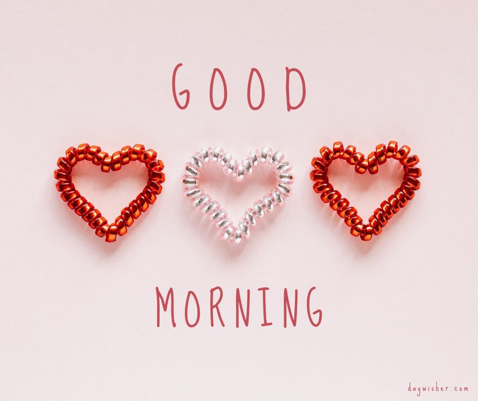 A charming good morning heart image featuring three beaded hearts, two red and one silver, arranged in a row on a light pink background. The text "Good Morning" is written above and below the hearts in a playful font. This delightful and simple image is perfect for sending cheerful and loving morning greetings.