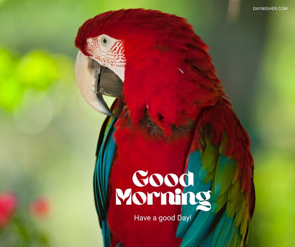 Close-up of a vibrant red macaw with a vivid blue and green feathered tail, perched in a lush green environment, accompanied by the greeting 'Good Morning - Have a good Day!'