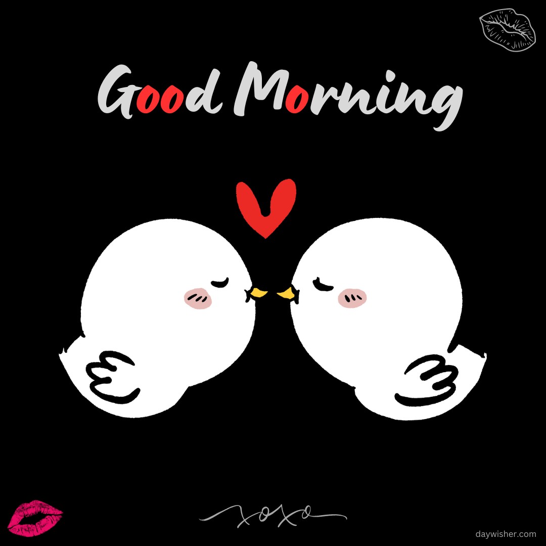 A cute illustration of two white birds kissing with a red heart above them, set against a black background. The text "Good Morning" is written above in stylish letters, accented with a red 'O'. Pink lip prints and "xoxo" add a touch of sweetness, perfect for conveying morning love.