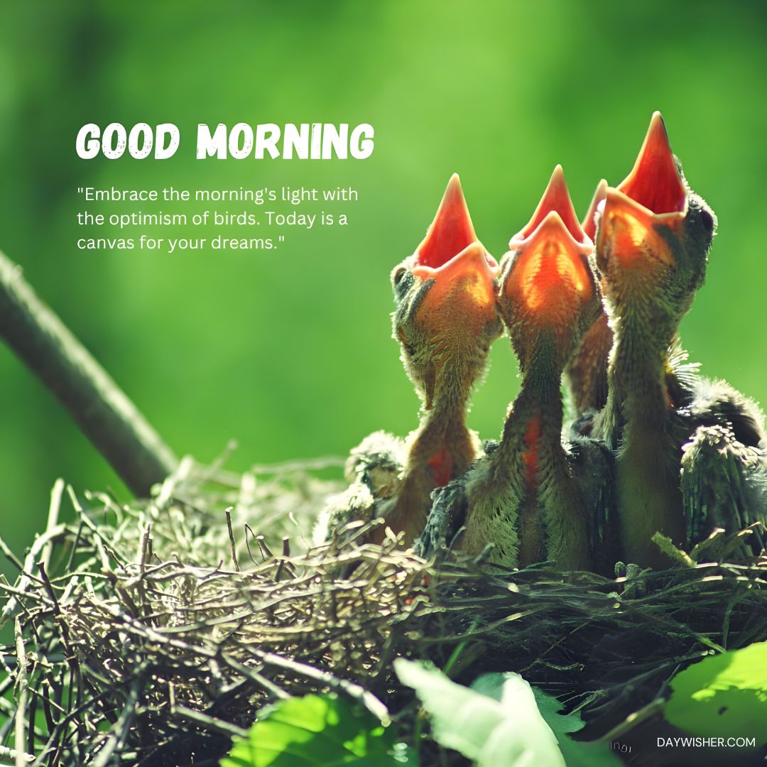 An inspiring morning scene featuring three young birds in a nest, their mouths wide open, waiting for food. The background is a lush green, symbolizing a fresh, vibrant start to the day. The image includes a motivational quote: "Embrace the morning's light with the optimism of birds. Today is a canvas for your dreams." This adds a hopeful and positive message to start the day.