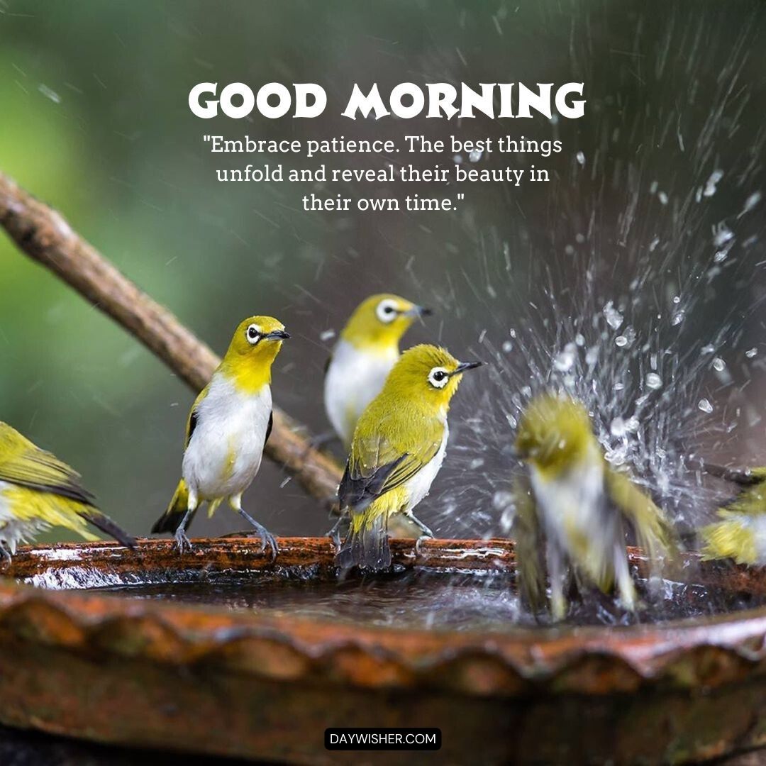 Several vibrant yellow-vented bulbuls enjoying a splash in a bird bath, with dynamic water droplets creating a lively scene, accompanied by the text 'Good Morning - Embrace patience. The best things unfold and reveal their beauty in their own time.