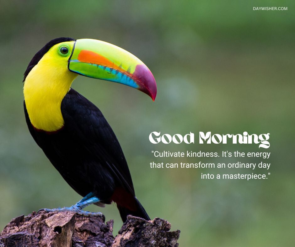 Striking image of a keel-billed toucan perched on a stump, displaying its vibrant yellow, green, blue, and red beak and stark black plumage, accompanied by the inspirational message 'Good Morning - Cultivate kindness. It's the energy that can transform an ordinary day into a masterpiece.' 