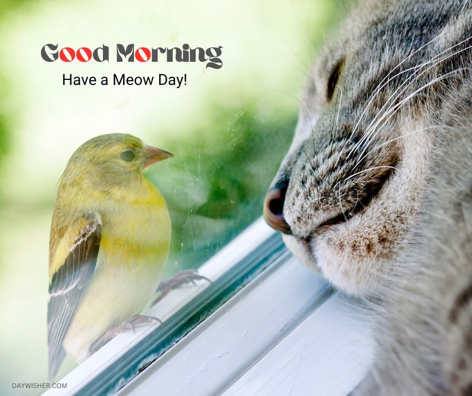 A whimsical scene showing a gray tabby cat observing a yellow bird from behind a window, with the playful message 'Good Morning - Have a Meow Day!'