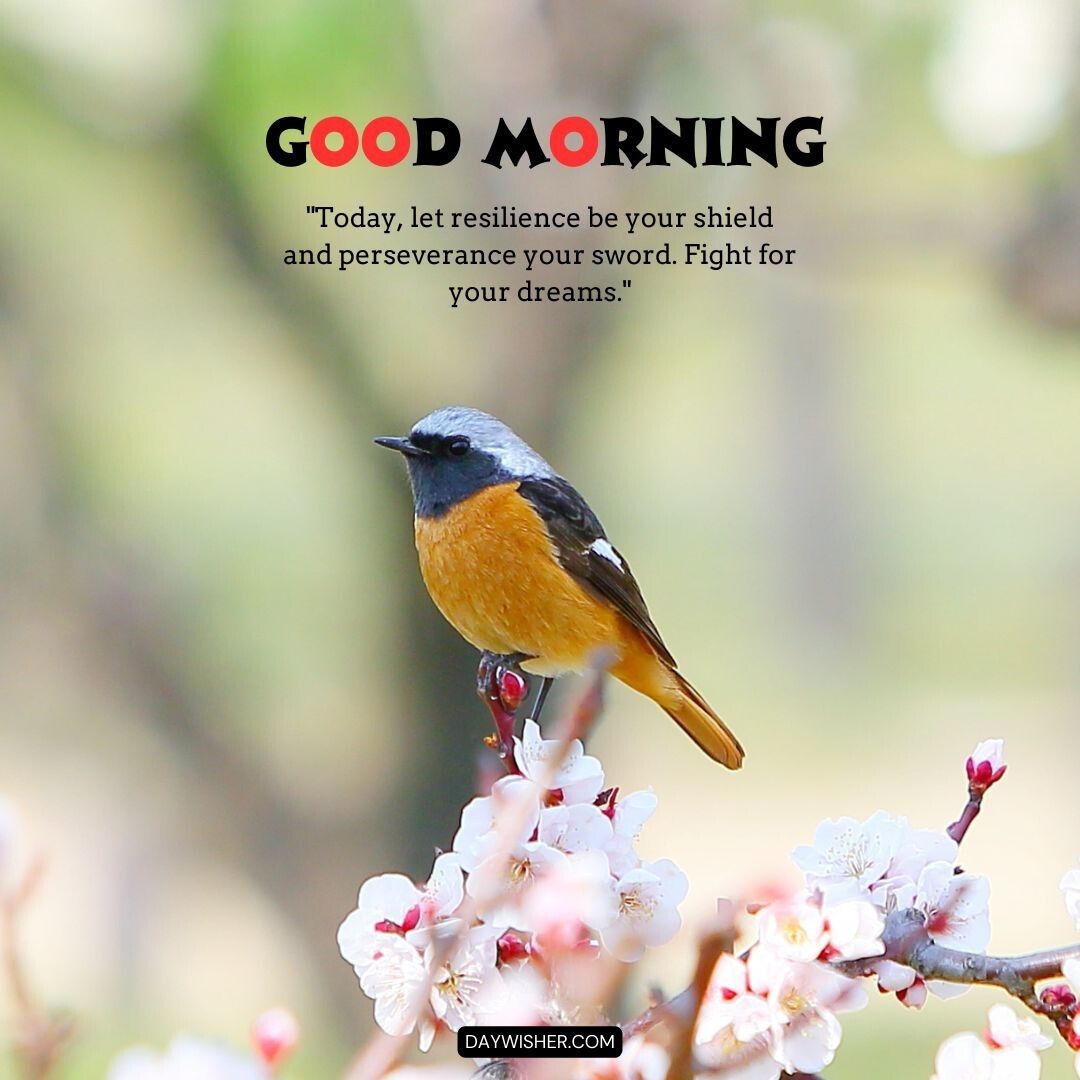 A small bird with vibrant orange and grey plumage perched on a branch adorned with pink blossoms, set against a soft green background, with the inspiring message 'Good Morning - Today, let resilience be your shield and perseverance your sword. Fight for your dreams.