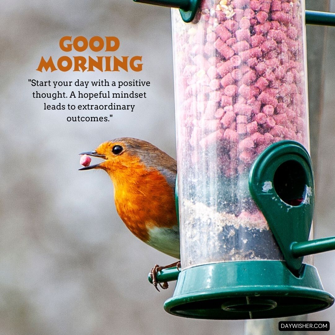 A vibrant robin feeding from a green bird feeder filled with pink seeds, set against a soft, natural background, paired with the inspiring message 'Good Morning - Start your day with a positive thought. A hopeful mindset leads to extraordinary outcomes.'