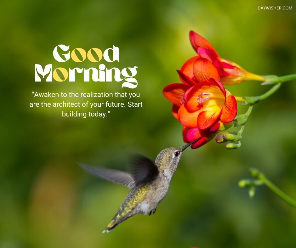 A hummingbird in mid-flight, sipping nectar from a vibrant red flower, surrounded by lush green foliage, with the motivational text 'Good Morning - Awaken to the realization that you are the architect of your future. Start building today.