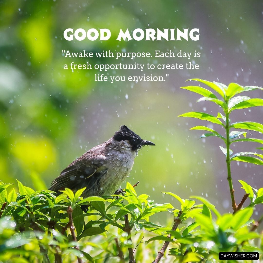 A bird with speckled plumage perched on vibrant green leaves, drenched in rain, set against a refreshing backdrop of a light rain shower, with the inspirational text 'Good Morning - Awake with purpose. Each day is a fresh opportunity to create the life you envision.'