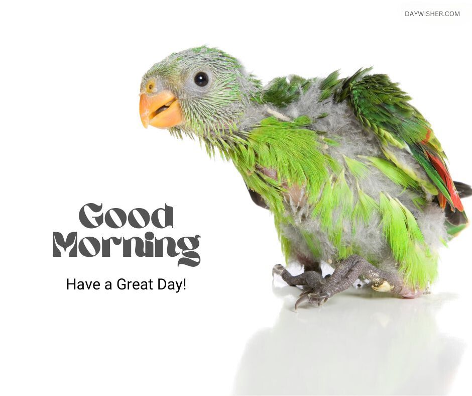 A baby parrot with emerging green and gray feathers and a hint of red, looking curiously forward, set against a stark white background, with the cheerful message 'Good Morning - Have a Great Day!'