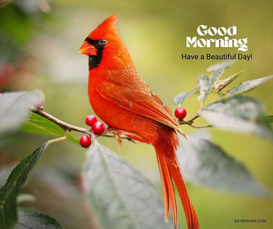 A vibrant Northern Cardinal perched on a branch with bright red berries, its striking red plumage standing out against a softly blurred green background, with the message 'Good Morning - Have a Beautiful Day!'