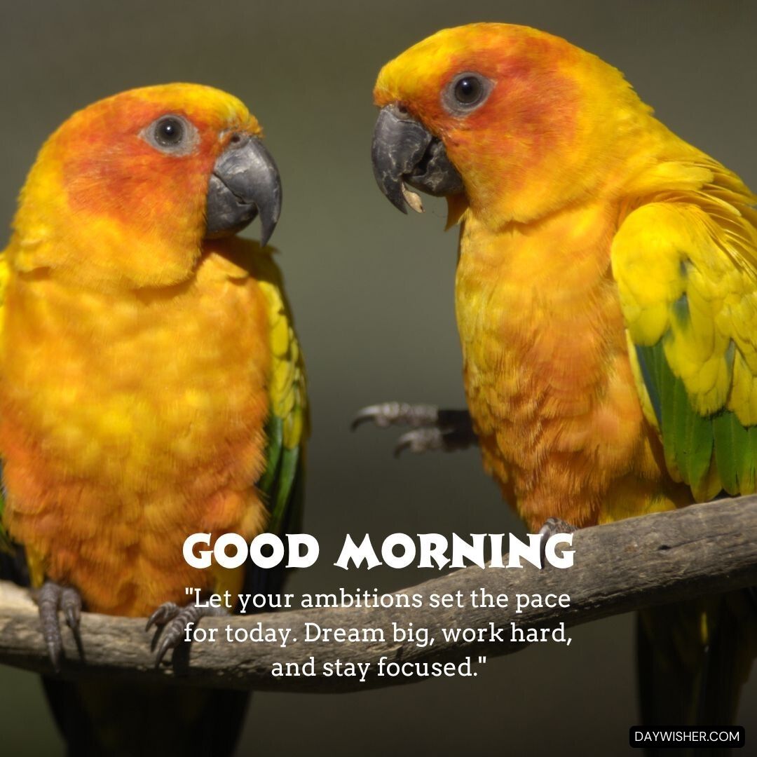 Two vibrant yellow parrots with orange cheeks engaging closely, perched on a branch, with the motivational text 'Good Morning - Let your ambitions set the pace for today. Dream big, work hard, and stay focused.' 