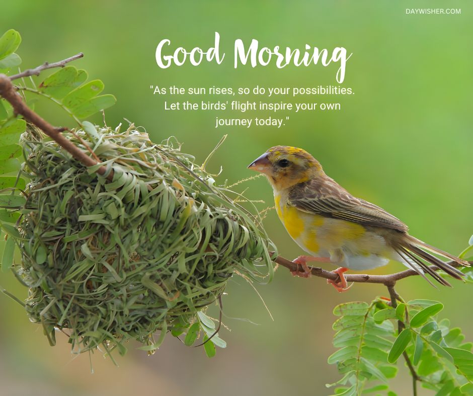 A beautiful morning scene featuring a yellow bird perched next to its intricately woven nest on a branch, surrounded by lush greenery. The text 'Good Morning - As the sun rises, so do your possibilities. Let the birds' flight inspire your own journey today.' encourages a hopeful and motivated start to the day, drawing inspiration from the natural determination and creativity of birds.