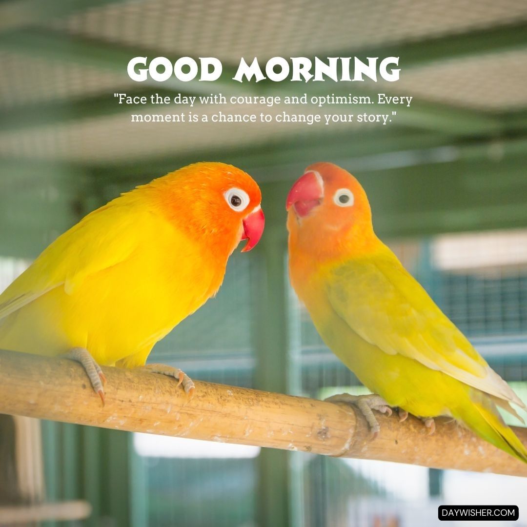 Two vibrant lovebirds, one orange and one a lighter orange-yellow, perched closely on a branch in a cage, with the uplifting text 'Good Morning - Face the day with courage and optimism. Every moment is a chance to change your story.' 