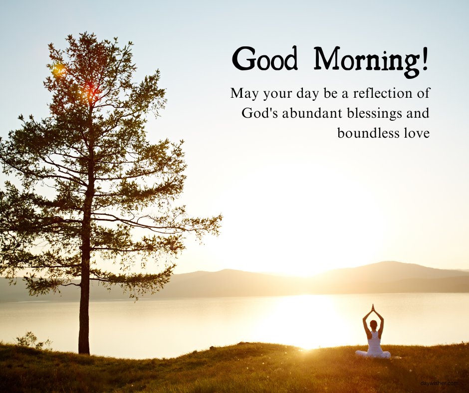 A serene morning scene featuring a person practicing yoga near a tree by a lake with mountains in the background, illuminated by the golden light of the rising sun. The text reads "Good Morning! May your day be a reflection of God's abundant blessings and boundless love." This beautiful and inspirational good morning blessing is perfect for sharing a message of divine love and blessings.