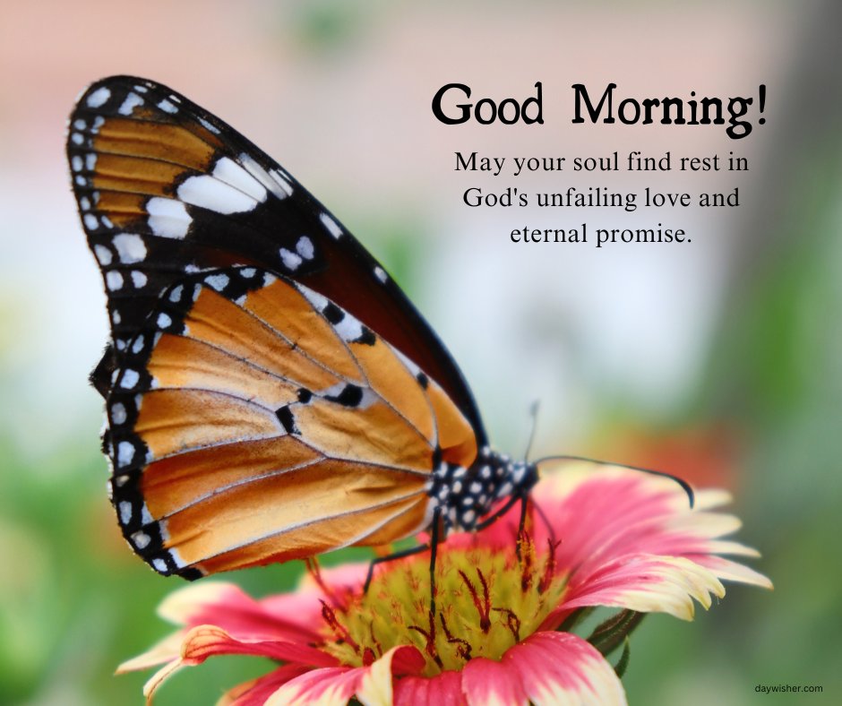 Inspirational good morning blessings image showcasing a vibrant butterfly perched on a colorful flower. The image is paired with a comforting quote: 'Good Morning! May your soul find rest in God's unfailing love and eternal promise.' This image symbolizes transformation and hope, making it a perfect spiritual encouragement to start the day.