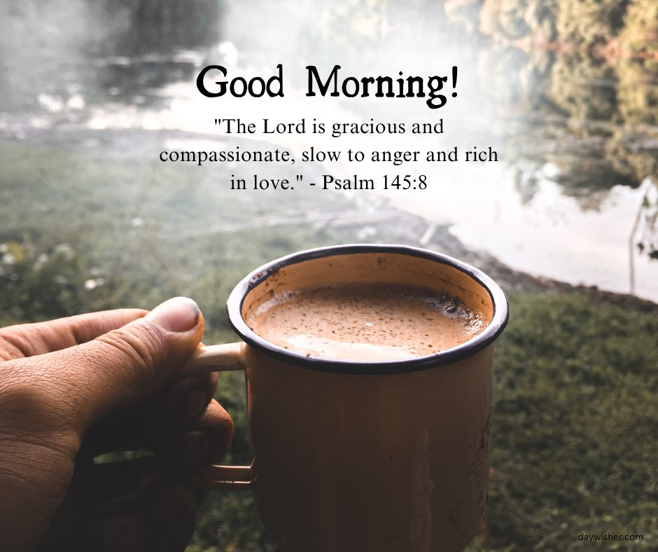 A serene morning scene featuring a close-up of a hand holding a coffee mug, with a soft-focus background of a misty, forested landscape. The image includes the text "Good Morning!" and a Bible verse from Psalm 145:8, "The Lord is gracious and compassionate, slow to anger and rich in love." This inspirational good morning blessing image with a Bible verse is perfect for starting the day with positivity and reflection