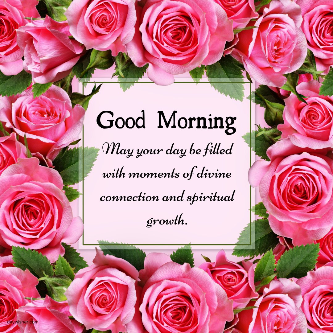 A vibrant image featuring a frame of beautiful pink roses surrounding the text "Good Morning. May your day be filled with moments of divine connection and spiritual growth." This beautiful and inspirational good morning blessing is perfect for sharing a message of spiritual connection and growth.