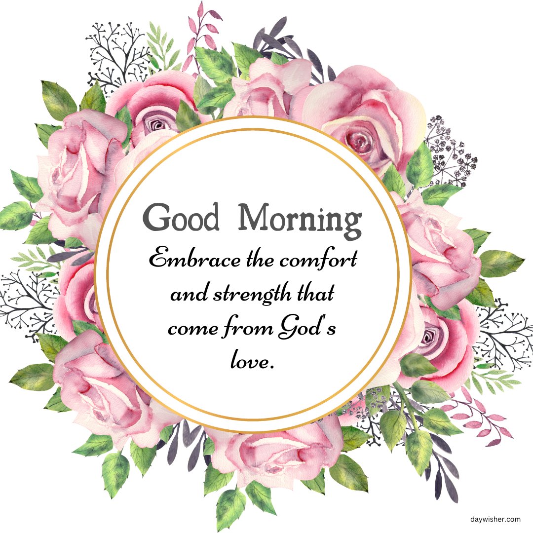 Beautiful good morning blessings image featuring a delicate circle of pink roses and greenery. The central message, 'Good Morning! Embrace the comfort and strength that come from God’s love,' offers a heartfelt reminder of divine support. The elegant floral arrangement enhances the sentiment, making this image a perfect expression of warmth and spiritual encouragement to start the day.