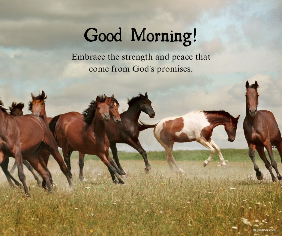 Inspirational good morning blessings image featuring a herd of horses galloping energetically across a grassy field under a cloudy sky. The accompanying message, 'Good Morning! Embrace the strength and peace that come from God's promises,' evokes a sense of freedom and spiritual fortitude. This dynamic scene perfectly illustrates the vigor and grace that symbolize the promises of spiritual renewal and protection