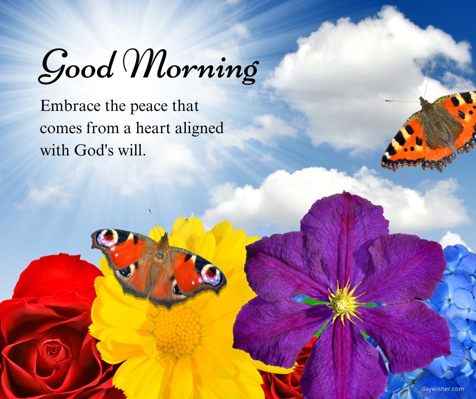 A bright and cheerful image featuring a variety of colorful flowers and butterflies under a sunny sky with the text "Good Morning. Embrace the peace that comes from a heart aligned with God's will." This beautiful and inspirational good morning blessing is perfect for sharing a message of peace and divine alignment.