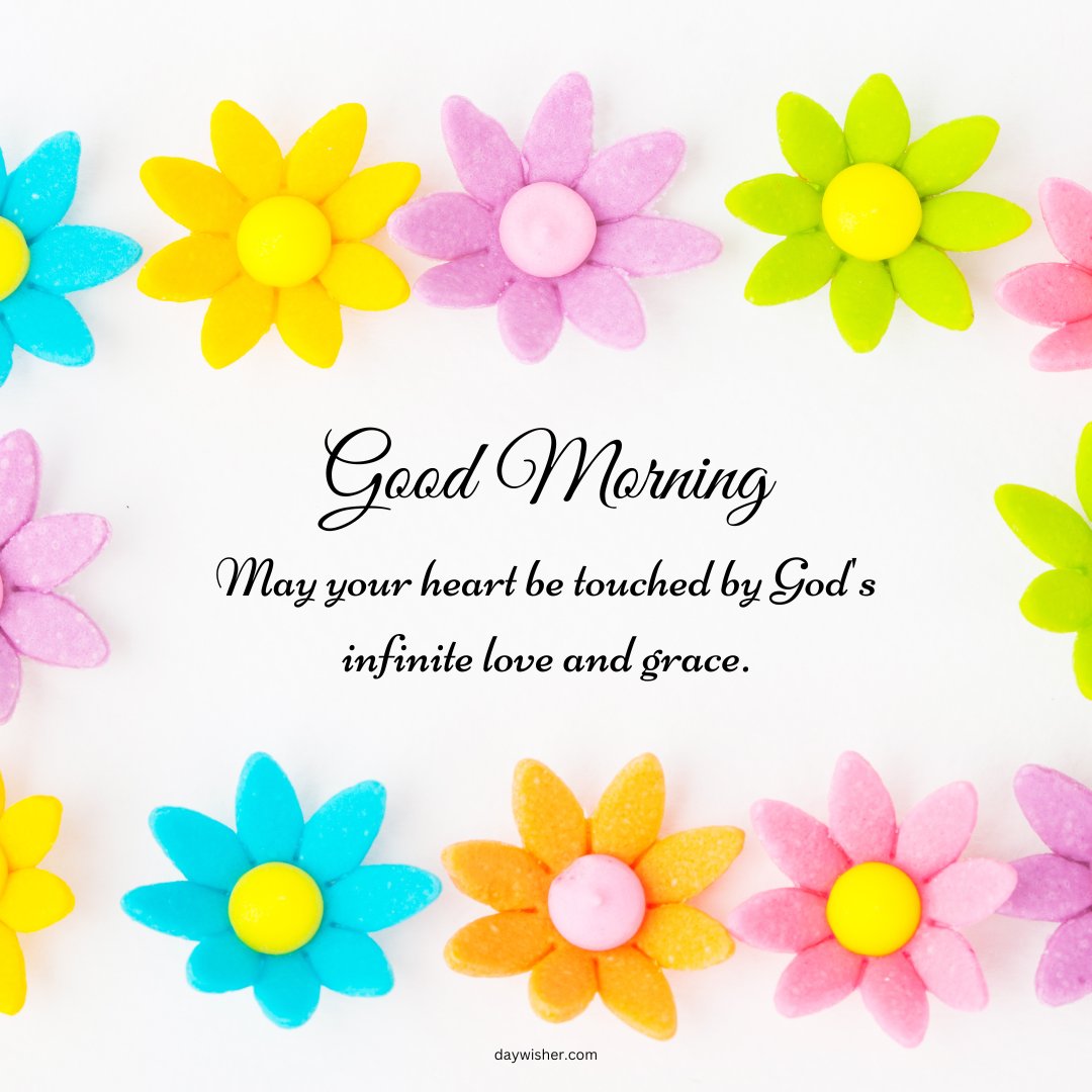 A bright and cheerful image featuring colorful flowers arranged in a border around the text "Good Morning. May your heart be touched by God's infinite love and grace." The vibrant colors and uplifting message make this image perfect for sharing as a beautiful and inspirational good morning blessing.