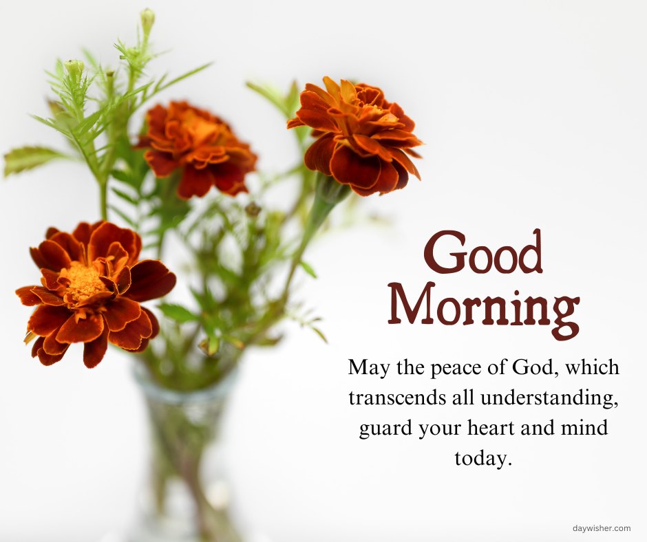 Religious good morning blessings image featuring a vase of vivid orange marigolds with the inspirational quote: 'Good Morning! May the peace of God, which transcends all understanding, guard your heart and mind today.' This peaceful and vibrant image encourages spiritual reflection and offers a tranquil start to the day, ideal for sharing as a positive morning greeting.