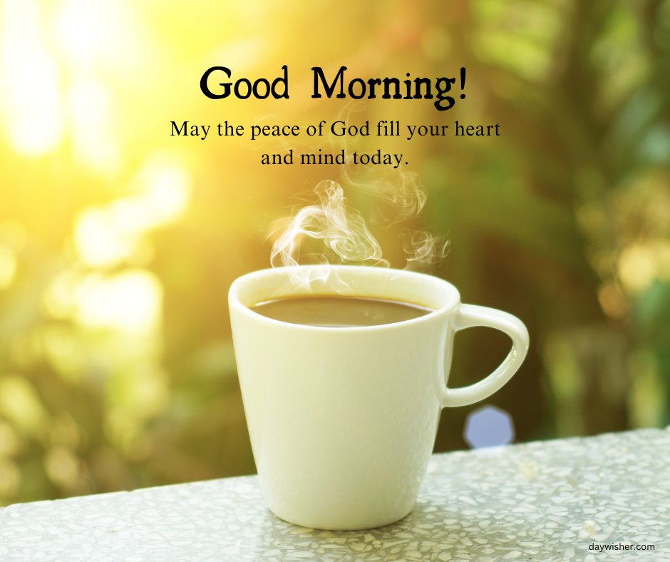 Inspirational good morning blessings image of a steaming coffee cup set against a sunlit, leafy backdrop. The accompanying message, 'Good Morning! May the peace of God fill your heart and mind today,' invites a moment of tranquility and contemplation. This warm and inviting scene is perfect for those seeking a peaceful start to their day, blending the comfort of morning coffee with a blessing for spiritual calm and clarity.