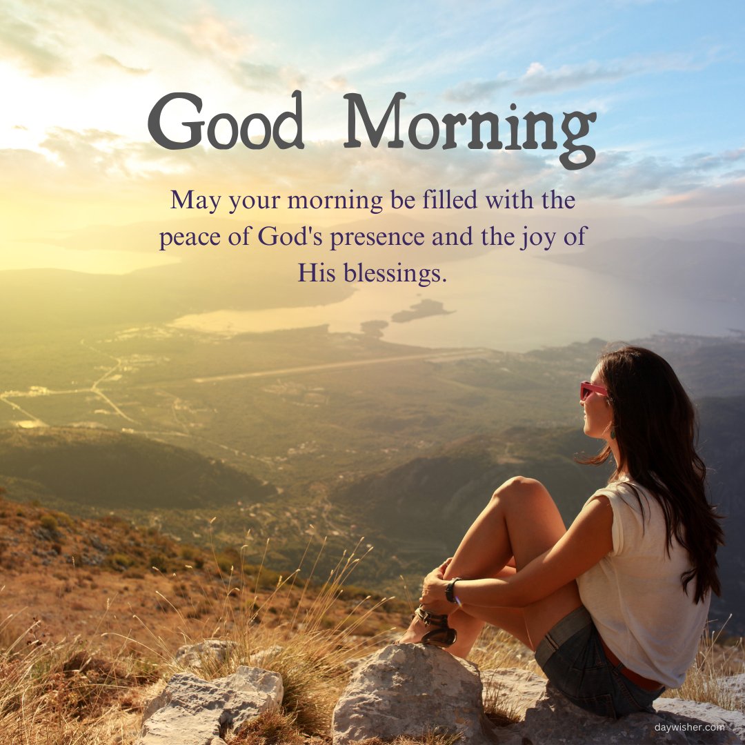 Inspirational good morning blessings image showing a young woman sitting on a mountain peak, overlooking a serene landscape at sunrise. The image includes a spiritual message: 'Good Morning! May your morning be filled with the peace of God's presence and the joy of His blessings.' This beautiful scene captures a moment of reflection and tranquility, perfect for starting the day with positivity and inspiration.