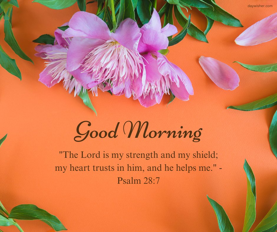 A vibrant image featuring pink flowers and green leaves arranged against an orange background with the text "Good Morning. 'The Lord is my strength and my shield; my heart trusts in him, and he helps me.' - Psalm 28:7". This beautiful and inspirational good morning blessing is perfect for sharing as a religious and uplifting message.