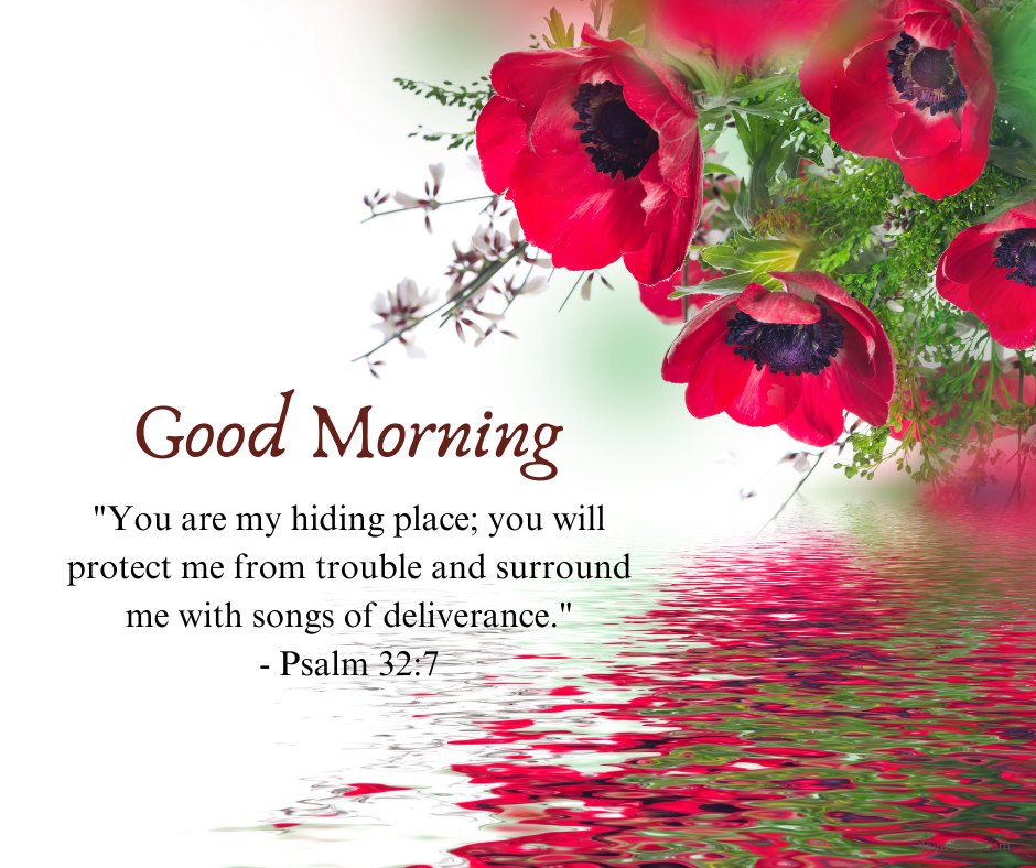 Religious good morning blessings image displaying bright red poppies with a tranquil water reflection, accompanied by an uplifting verse from Psalm 32:7, 'You are my hiding place; you will protect me from trouble and surround me with songs of deliverance.' This visually stunning image combines natural beauty with a message of protection and comfort, making it an inspirational choice for starting the day with peace and reassurance.