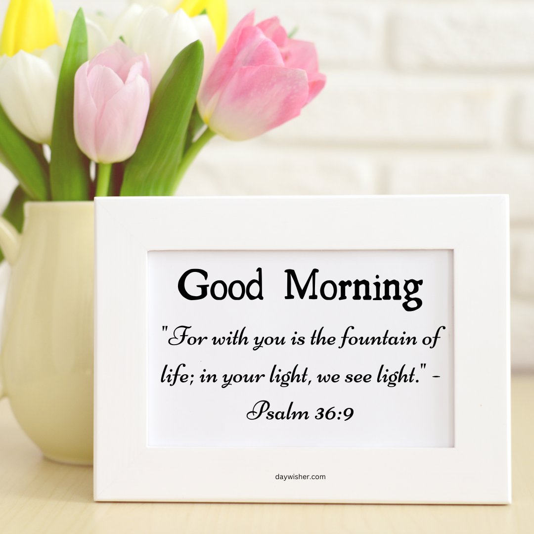 A charming image featuring a vase of colorful tulips next to a white framed sign with the text "Good Morning. 'For with you is the fountain of life; in your light, we see light.' - Psalm 36:9." This beautiful and inspirational good morning blessing is perfect for sharing a message of divine light and 