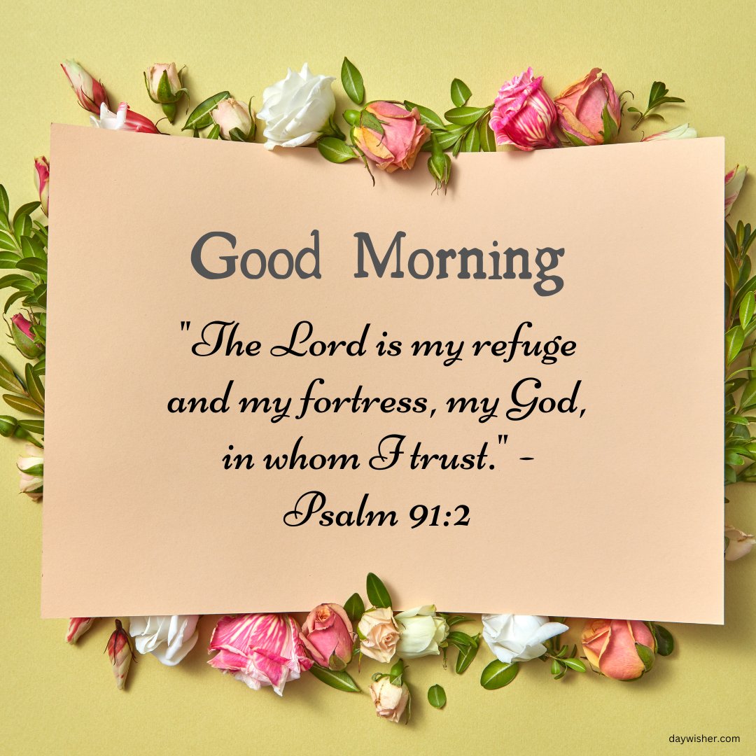 Religious good morning blessings image featuring an elegant display of multi-colored roses surrounding a beige parchment with the quote from Psalm 91:2, 'The Lord is my refuge and my fortress, my God, in whom I trust.' This beautiful composition symbolizes the security and comfort found in faith, making it a perfect visual representation for a message of trust and spiritual shelter in the morning