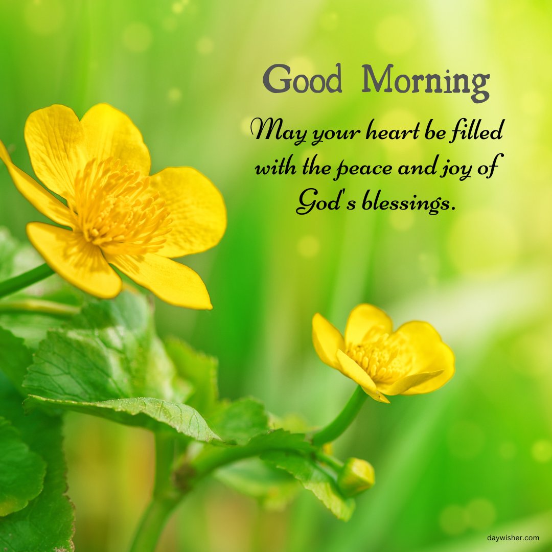 A vibrant image featuring bright yellow buttercup flowers bathed in sunlight, with a background of soft green bokeh, symbolizing freshness and nature's beauty. The text "Good Morning - May your heart be filled with the peace and joy of God's blessings." adds a spiritual and uplifting message. This image is perfect for conveying beautiful good morning blessings and is an inspirational start to the day with its positive and religious undertones.