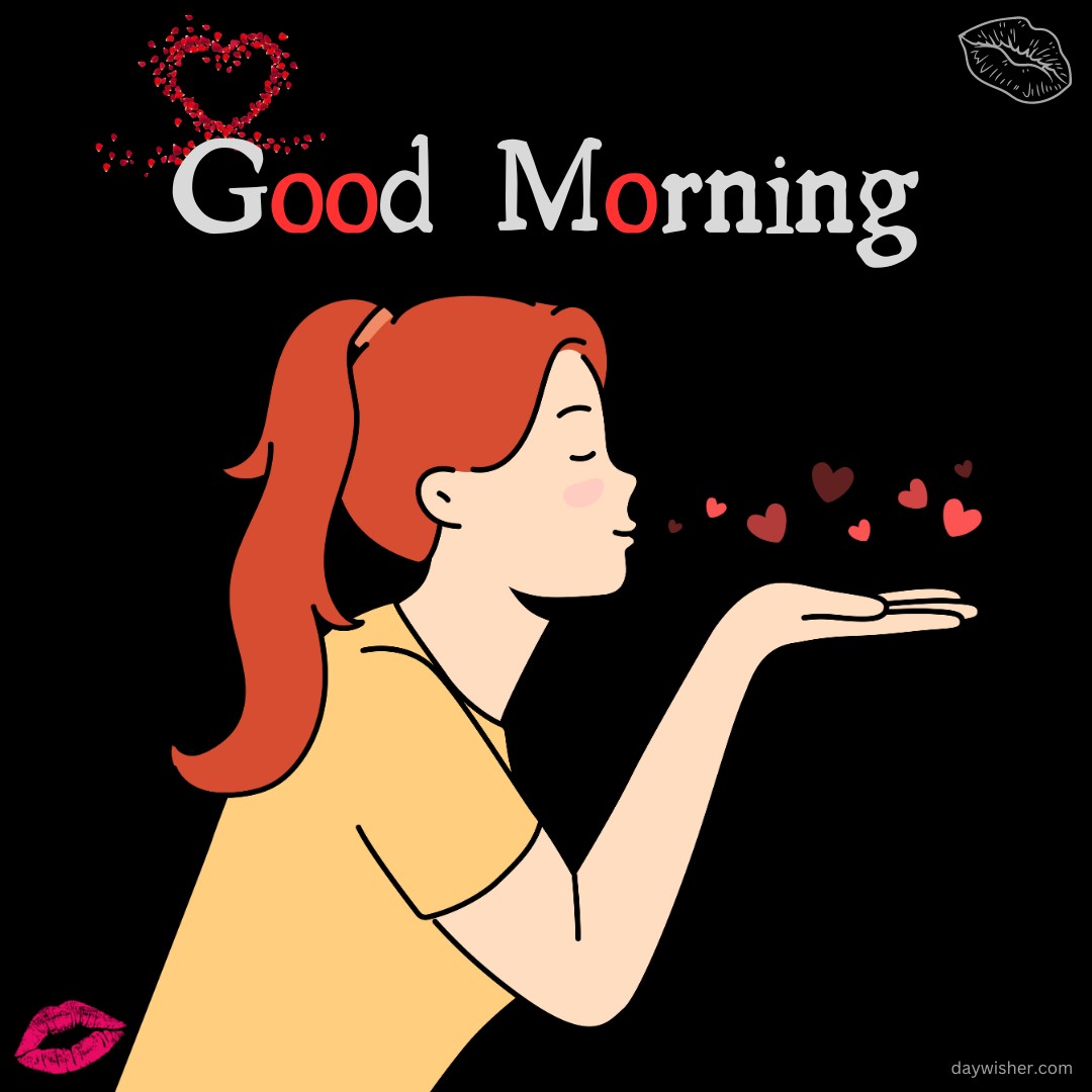 An illustration of a woman blowing heart-shaped kisses, with the text "Good Morning" written above in stylish letters, accented with a red 'O'. Pink lip prints and a glittery heart add a romantic touch, making this image perfect for a sweet and affectionate morning greeting.