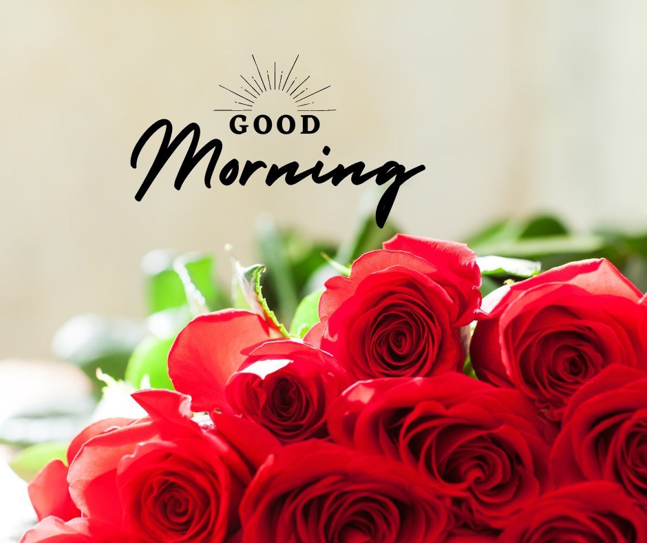A vibrant bouquet of red roses bathed in soft sunlight, presenting a lush and cheerful morning greeting. The bold "Good Morning" text, adorned with a sunburst design, adds a radiant touch to the image, making it a perfect visual to start the day with positivity and warmth.