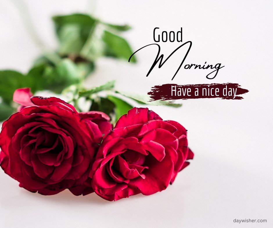 A charming good morning greeting featuring three vivid red roses prominently displayed against a clean white background, accompanied by an elegant "Good Morning, Have a nice day" message in stylish black script. This image radiates a fresh and vibrant feel, perfect for starting the day with positivity and warmth.