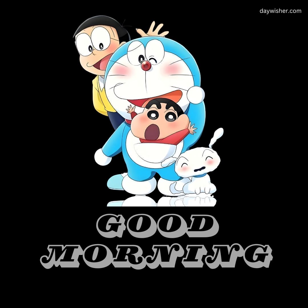 Illustration of the cartoon characters Doraemon, Nobita, and Shizuka with a baby, over a dark background with text "good morning cartoon images".