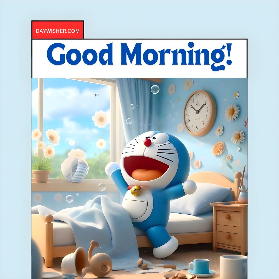 Illustration of Doraemon stretching with a big smile in a bedroom, with the text "Good morning!" above. Sunflowers and a bright sun are visible outside the window.