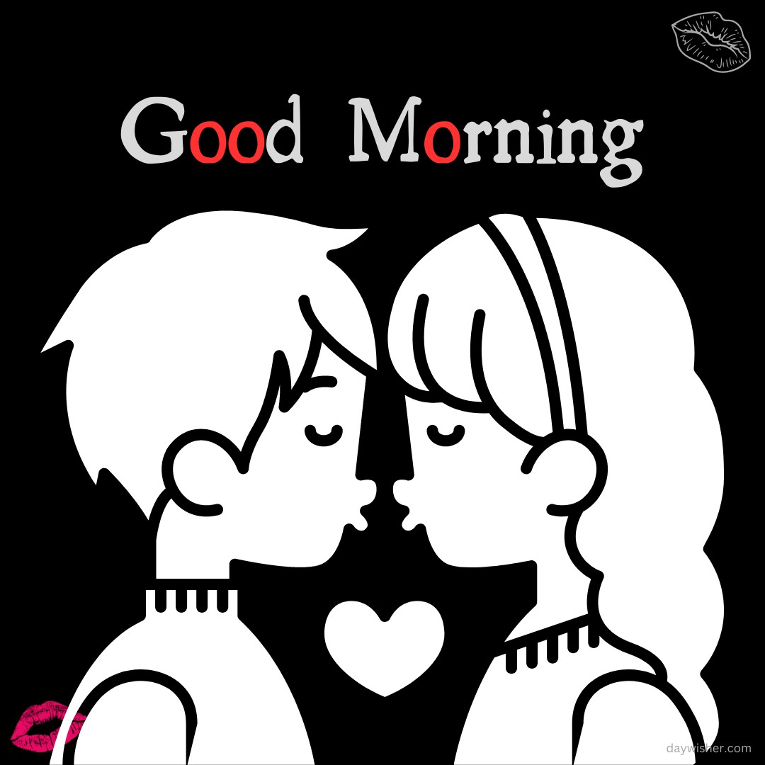 A cute cartoon illustration of a boy and girl sharing a kiss with a heart between them, set against a black background. The text "Good Morning" is written above in stylish letters, accented with a red 'O'. Pink lip prints add a playful touch, making this image perfect for a sweet and charming morning greeting.