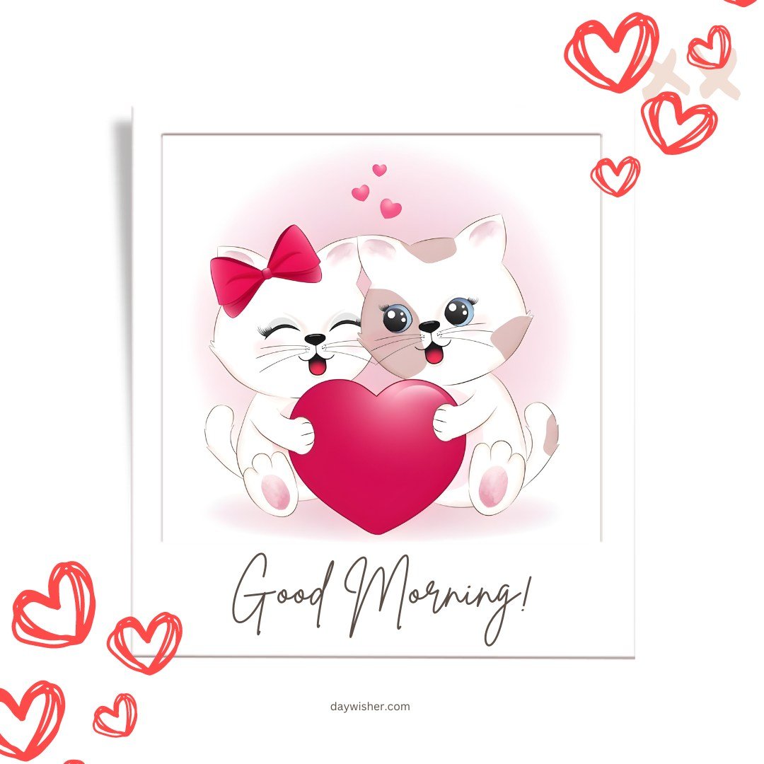 An adorable good morning heart image featuring two cute cats holding a large red heart. One cat has a pink bow on its head, and they are surrounded by small floating hearts. The background is white with a soft pink glow, and the text "Good Morning!" is displayed at the bottom. This charming and sweet image is perfect for sending loving and cheerful morning greetings.