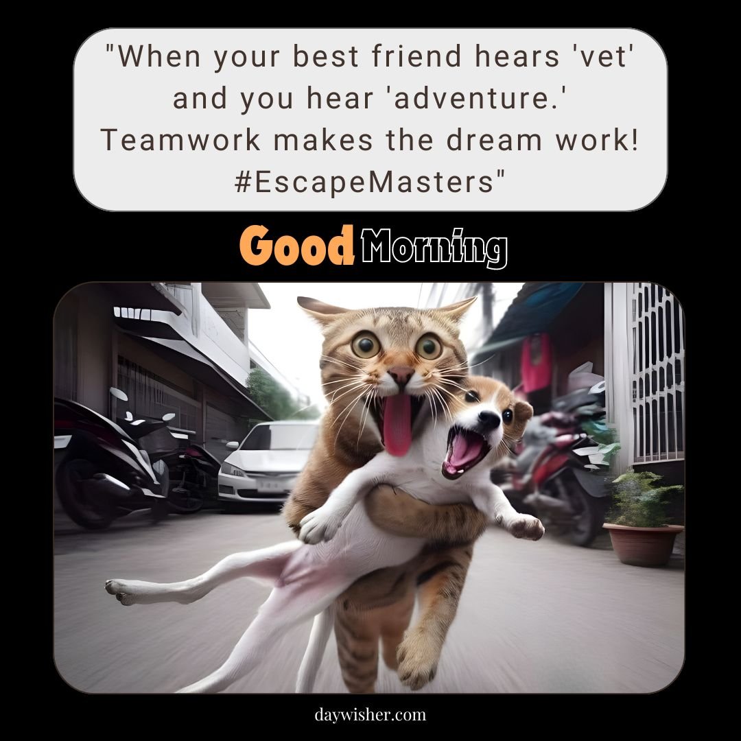 A humorous image capturing a moment of playful chaos as a tabby cat carries a white dog in its mouth, both sprinting through a street. The cat's eyes are wide with excitement, while the dog's mouth is open in a joyous scream. The background shows a typical street scene with parked motorcycles and houses.