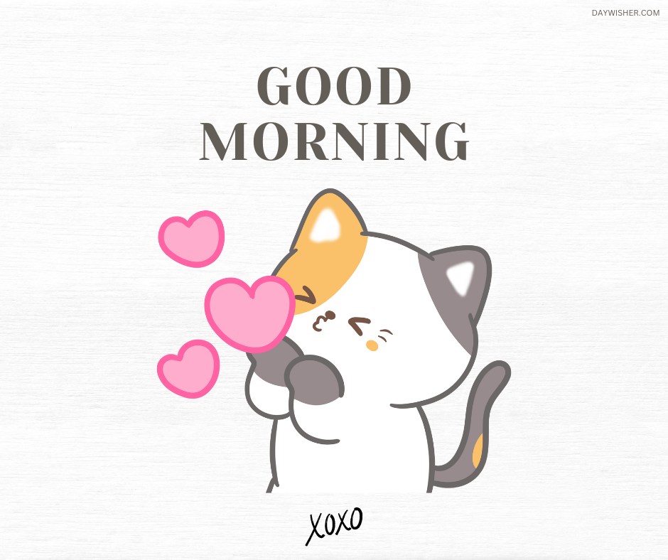 An adorable cartoon cat blowing pink heart kisses with the words "Good Morning" above and "xoxo" below. The cute and cheerful design is perfect for spreading morning joy and love.